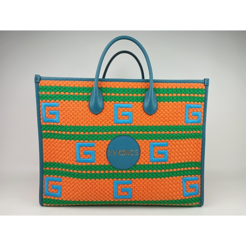 Gucci Orange Blue Green Square G Embroidered Woven Striped Mykonos Tote Bag